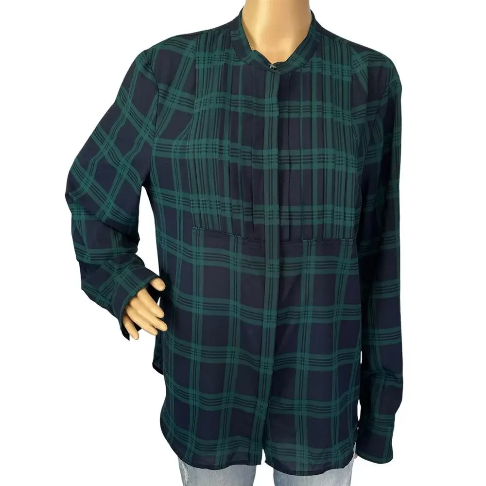 J. Crew Drapey Tuxedo Bib Blouse in Navy Green Plaid E5598 Size XL